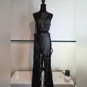 Black Asymmetrical Faux Leather Top and Pants Set